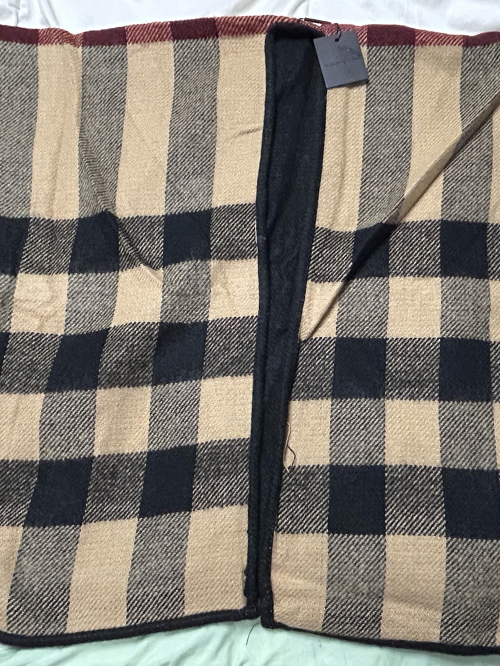 Do everything in love Beige and Black Plaid poncho with Red Trim